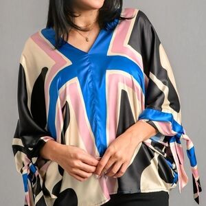 NWT Umgee Abstract Geometric Satin Top | Kimono Sleeve Blouse Boho 4/5ws